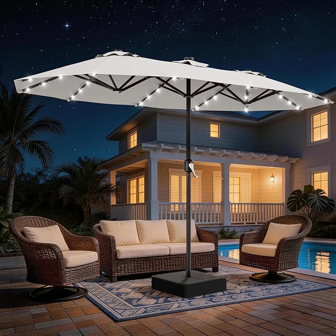 AreShark 13 FT Patio Umbrella with Solar Lights, Double-Sided Outdoor Table Umbrellas with Crank, Large Rectangular Market Umbrella for Porch, Lawn, Pool, Backyard, Light Gray