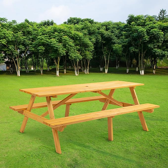 75" Wood Rectangular Picnic Tables with Benches and Umbrella Hole, Classic Picnic Table Bench Set for 6 or 8 Person for Outdoors, Backyard, Porch, Patio, and Deck, 2220lb Capacity,Natural