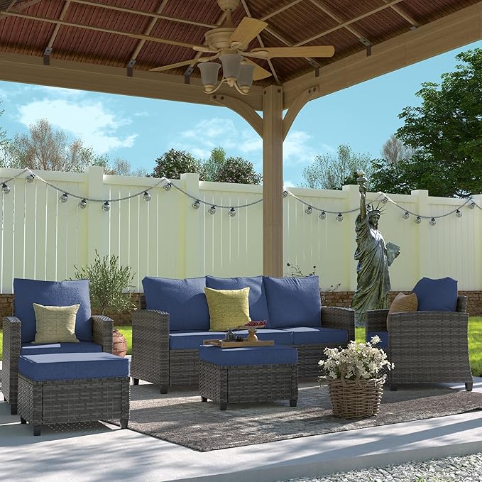 UDPATIO Patio Furniture Set, 5 Pieces Outdoor Sectional Sofa Set, All-Weather Wicker Rattan High Back Outdoor Conversation Set with Ottoman for Poolside, Backyard, Grey Wicker Navy Blue Cushion
