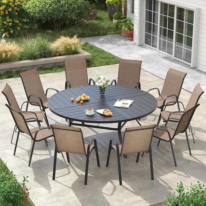 VICLLAX Round Outdoor Patio Dining Set for 10, Metal Slatted Patio Table with Umbrella Hole and 10 Stackable Patio Chairs for Deck Lawn Garden, Brown Fabric and Black Tabletop