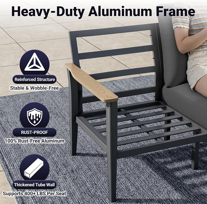 Aluminum Outdoor Patio Furniture Set, 4-Piece Outdoor Sofa with 5.1" Thick Cushions, 2 Swivel Rocking Chairs and 1 Side Table, Outdoor Couch for Backyard, Balcony, Black