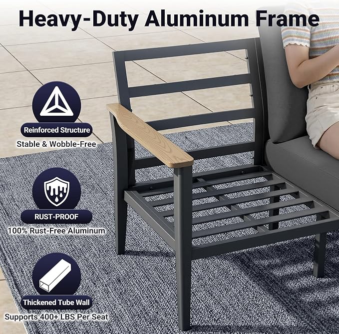 Aluminum Outdoor Patio Furniture Set, 10-Piece Sectional Sofa with 5.1" Thick Cushions, Swivel Rocking Chairs, 55,000 BTU Fire Pit Table, Outdoor Couch for Backyard, Deck, Black