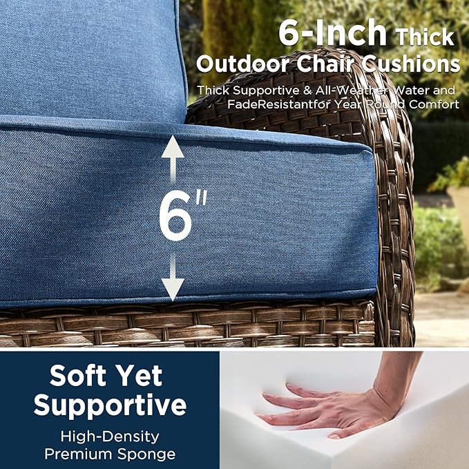 8 Pieces Luxury Outdoor Patio Furniture Set with 6-Inch Thick Cushions, Wicker Outdoor Furniture with High Back Swivel Patio Chairs Set of 4, Patio Conversation Set for Deck Garden Porch, Blue