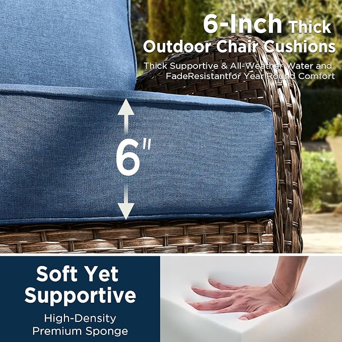 Luxury Outdoor Patio Furniture Set with 6-Inch Thick Cushions, 6 Pieces All-Weather Wicker Outdoor Furniture with Outdoor Rocking Chair, Outdoor Patio Conversation Sets for Garden Porch Deck, Blue