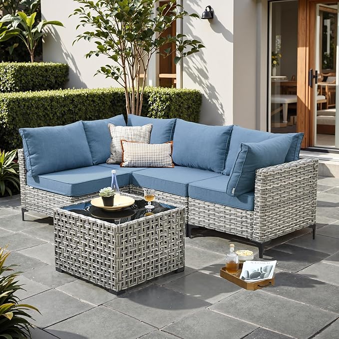 Outdoor Patio Furniture Sets,5 PCS Patio Conversation Set Outside Rattan Sectional Sofa with Coffee Table Fit Backyard Porch Garden Poolside Balcony