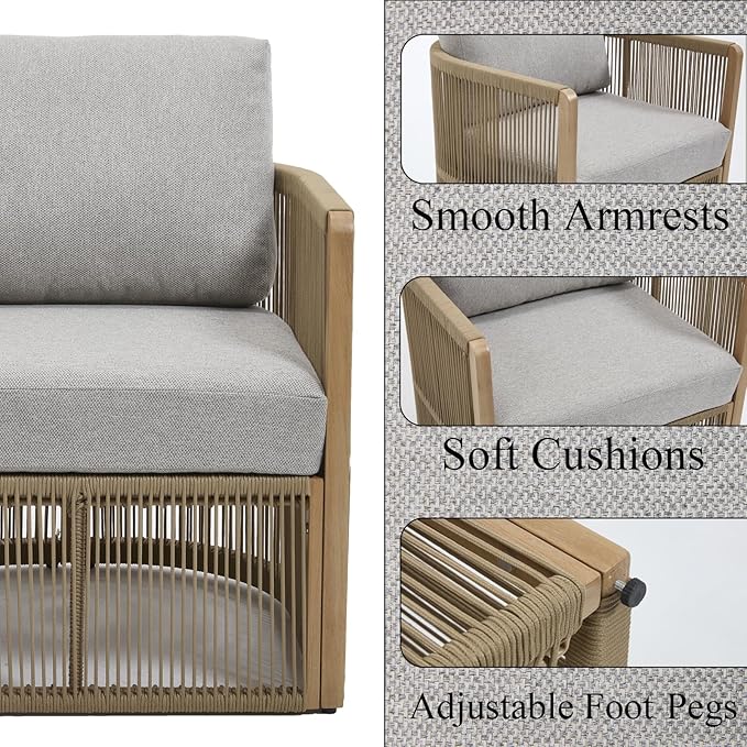 2-Seater Rope Sofa Set with Table, Patio Rope Chairs Set of 2, Rope Patio Furniture Set, Outdoor Deck Chair with Cushions, Aluminum Outdoor Loveseat in All Weather, Beige
