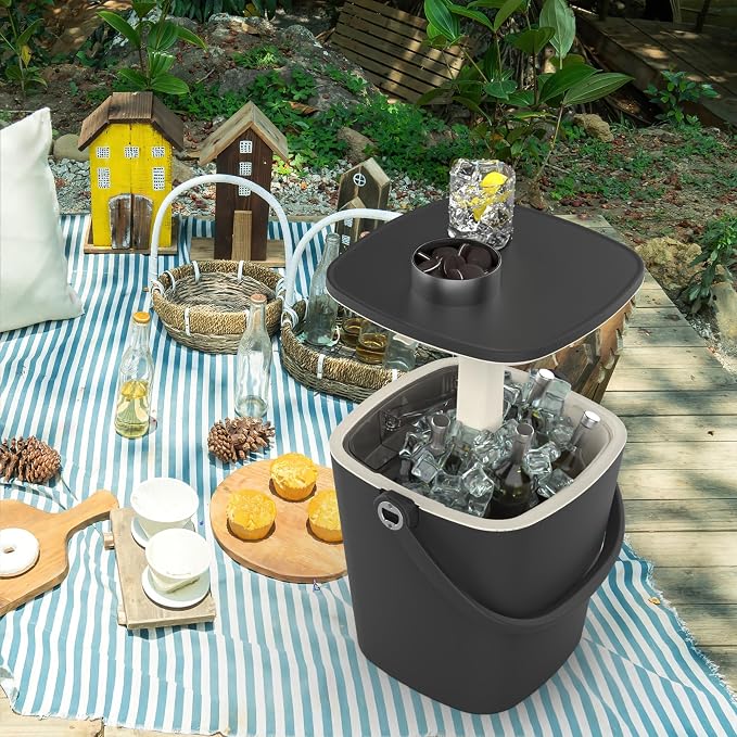 ROJIK 3-in-1 Resin Ice Bucket & Beverage Cooler – Wood Look Patio Table, UV Protection & Drain Plug for Outdoor Parties, Bars, and Poolside Use