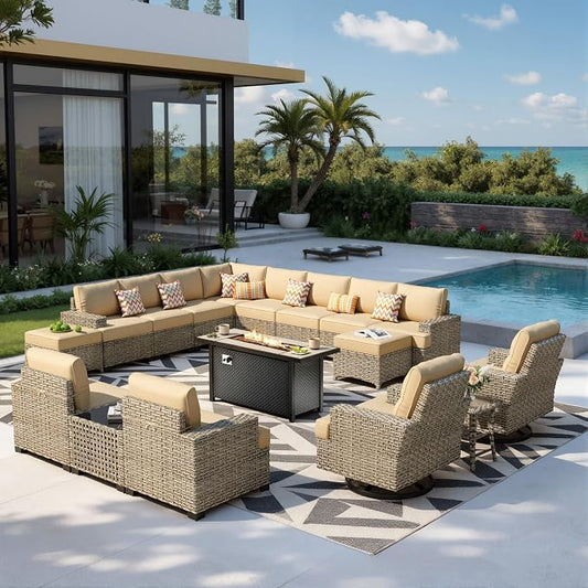 HOOOWOOO Sectional Patio Furniture Set with Fire Pit Table,17 Pieces Wicker Outdoor Furniture L Shaped Couch,Outside Conversation Set Extra Deep Sofa Wide Arm Swivel Chairs Ottoman Solar Light,Beige