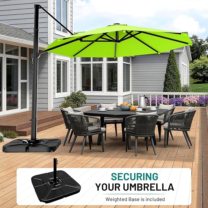 AreShark 11FT Round Cantilever Patio Umbrella with Base Included, 360° Rotation Offset Outdoor Umbrella, 5 Tilt Settings Heavy Duty Hanging Parasol for Deck Garden Pool, Apple Green