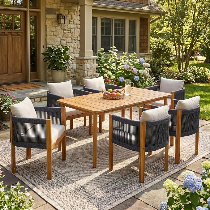 Christopher Knight Home Matera Acacia Wood Outdoor Dining Set for 6, 7 Piece Patio Dining Table and Chair Set, Wooden Outdoor Dining Armchair and Table Set with Cushion, Black+Teak+Sand