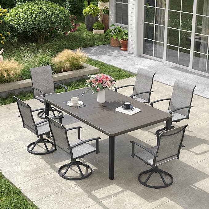 VICLLAX 7 Pieces Patio Dining Set, Patio Furniture Set of Metal Outdoor Table with Umbrella Hole and 6 Swivel Patio Chairs for Backyard Lawn, Grey & Antique Grey