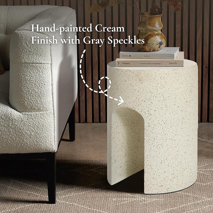 LuxenHome Outdoor Side Table, 18 inch Mod Cream Cement Round with U-Shape Side Table Small Accent Decorative Stool for Garden,Patio, Indoor and Outdoor