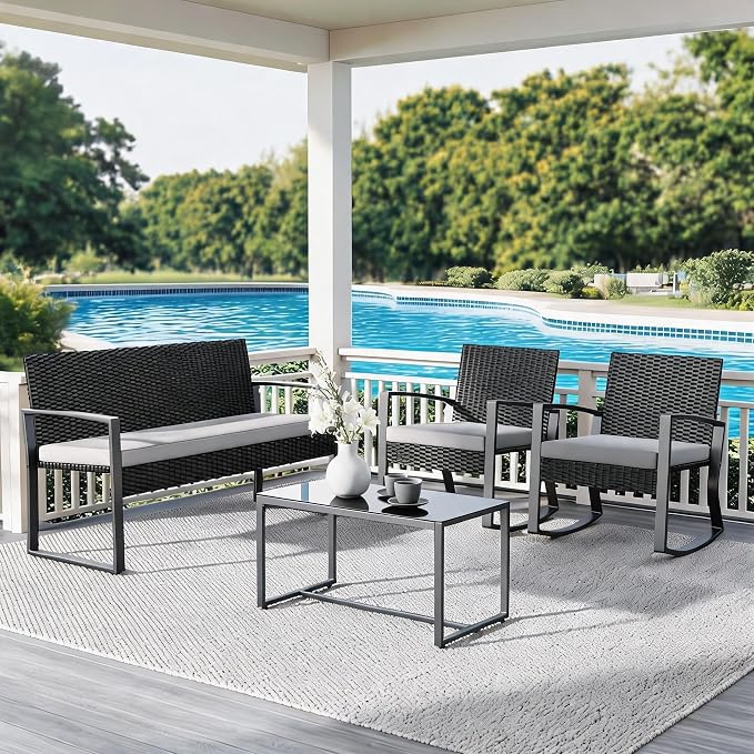 IDEALHOUSE Outside Patio Furniture Set, 4 Piece Outdoor Wicker Rocking Chair Conversation Set with Glass Coffee Table, PE Rattan Patio Furniture for Backyard, Porch, Patio, Poolside