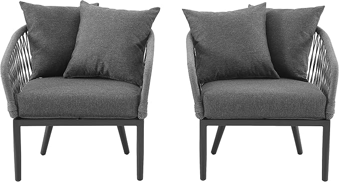 Crosley Furniture Dover 2-Piece Indoor Outdoor Chair Set, Patio Chairs for Conversation, Porch, Deck, Matte Black with Charcoal Cushions