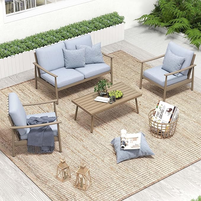 HAPPATIO Patio Outdoor Furniture Set - 4 Piece Aluminum Patio Conversation Set with 1 Coffee Table, 2 Armchairs and 1 Loveseat, Aluminum Outdoor Furniture Set for Backyard Deck Poolside (Brown)