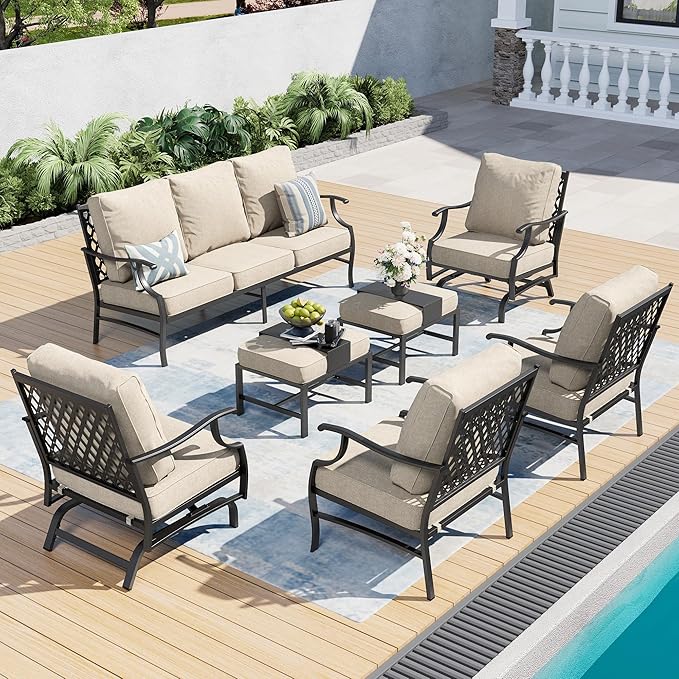Patio Furniture Set, Modern Metal Outdoor Patio Furniture, 3 Seater Sofa, 2 Fixed Chairs, 2 Rocking Chairs, 2 Ottomans and 5.75" Extra Thick Cushion, Patio Conversation Set for Garden