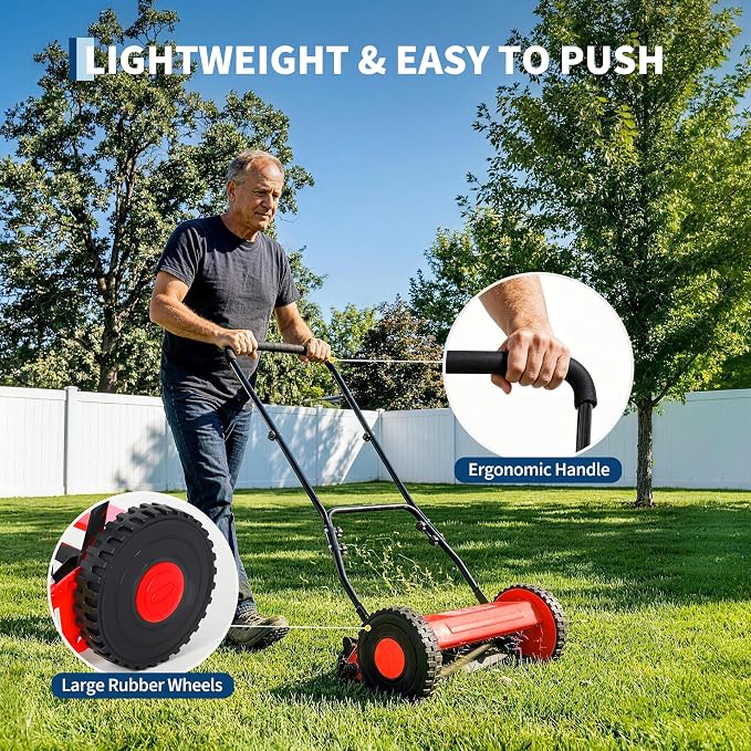 GlowSol Lightweight 5-Blade 16 inches Manual Push Reel Lawn Mower, 0.4-4in Adjustable Cutting Height, Quiet & Compact, Easy Assembly – Ideal for Small to Medium Yards – Red