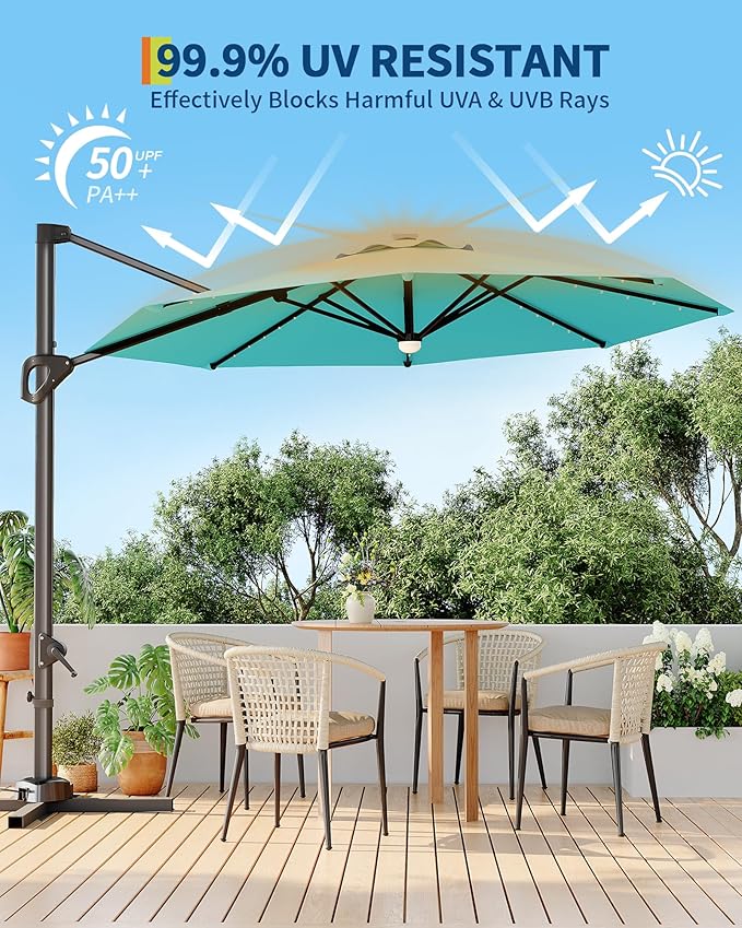 GarveeLife 10 ft Cantilever Umbrella Outdoor Patio Umbrella Solar LED w/Base Included Market Offset Umbrella Sun Shade Windproof with 360-Degree Rotation for Patio Garden Deck Pool, Turquoise Blue