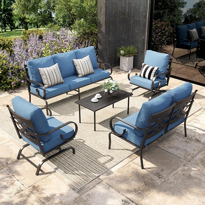 Sophia & William Patio Conversation Set for 7, 1 Loveseat, 3-Seater Sofa, 2 Rocking Chairs and a Coffee Table, Metal Outdoor Furniture with 5.75" Extra Thick Cushions, Navy