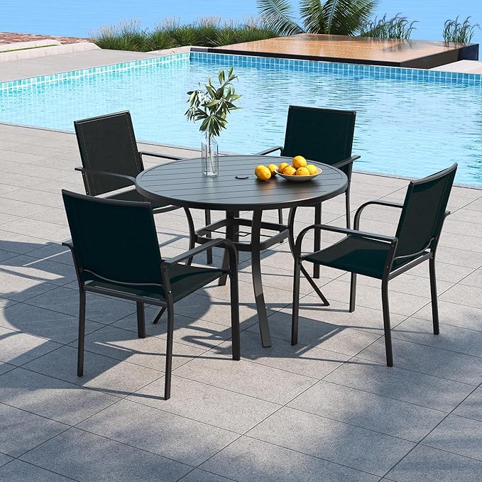 Anmutig 5 Piece Patio Table and Chairs Set, Outdoor Dining Set with 41 inch Round Table and 4 Stackable Black Chairs