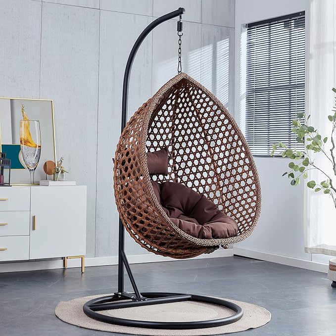 Hanging Egg Swing Chair with Stand, Rattan Wicker Hanging Egg Chair Hammock Indoor with Cushions, Swinging Chair for Bedroom Outdoor Patio Balcony Backyard Sunroom Heavy Duty 350LBS (Brown)