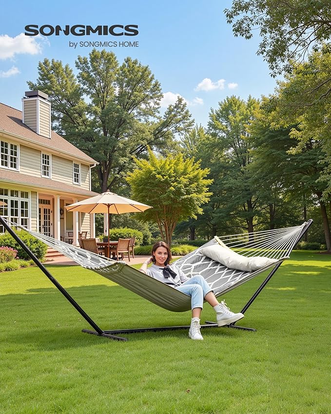 SONGMICS Hammock, Quilted Double Hammock with Padded Pillow, 78.7 x 55.1 Inches, 495 lb Weight Capacity, Portable for Outdoor Relaxation, Garden, Patio, and Camping, Gray UGDC034G02V1