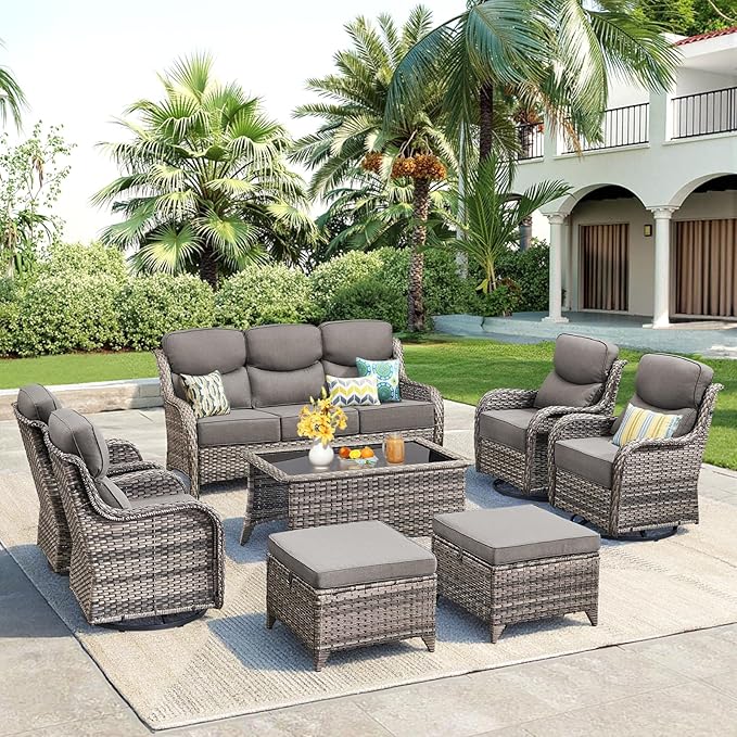 Luxury 8 Pieces Outdoor Patio Furniture Set-All Weather Wicker Swivel Rocker Patio Chairs with 6" Thick Cushion Rattan Sofa Coffee Table, Outdoor Conversation for Garden Porch Backyard(Grey/Grey)