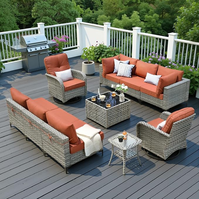10 Pieces Patio Sectional Furniture Set, Outdoor Wicker Sectional Couch with High Back Swivel Rocker Chairs Solar Lights Table, Modern Conversation Set for Porch Balcony Backyard, Red