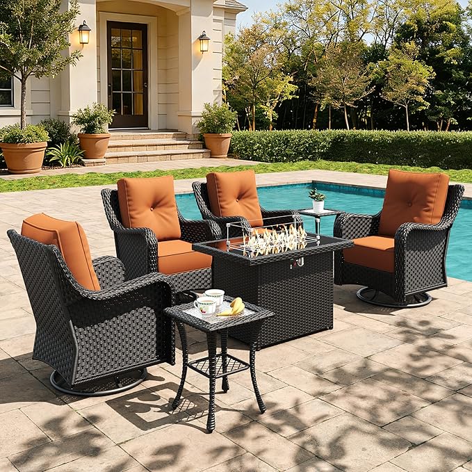 7 Pieces Outdoor Furniture Set with 6-inch Cushions, High Back Wicker Swivel Rocker Chairs with Fire Pit Table, Luxury Conversation Set for Deck Patio and Poolside