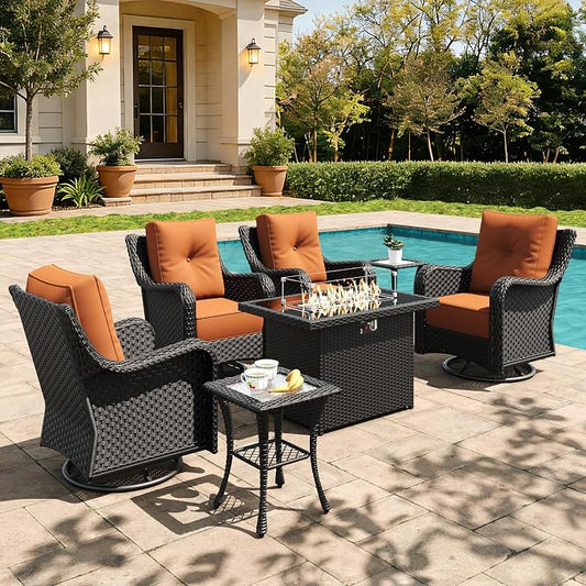 7 Pieces Outdoor Furniture Set with 6-inch Cushions, High Back Wicker Swivel Rocker Chairs with Fire Pit Table, Luxury Conversation Set for Deck Patio and Poolside
