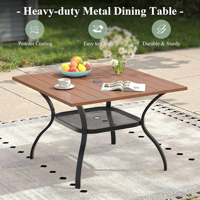 Outdoor Dining Set for 4, 37.8" Metal Square Outdoor Dining Table with Umbrella Hole and Wicker Stackable Patio Chairs, 5 Pieces Patio Table and Chairs Set for Garden Backyard, Walnut