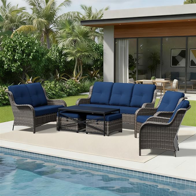 Joyside 7 Piece Wicker Patio Furniture Set, Rattan Patio Chairs with High Back, Deep Seating, Wide Armrest, Thickened Cushions, Outdoor Furniture for Deck, Porch Use