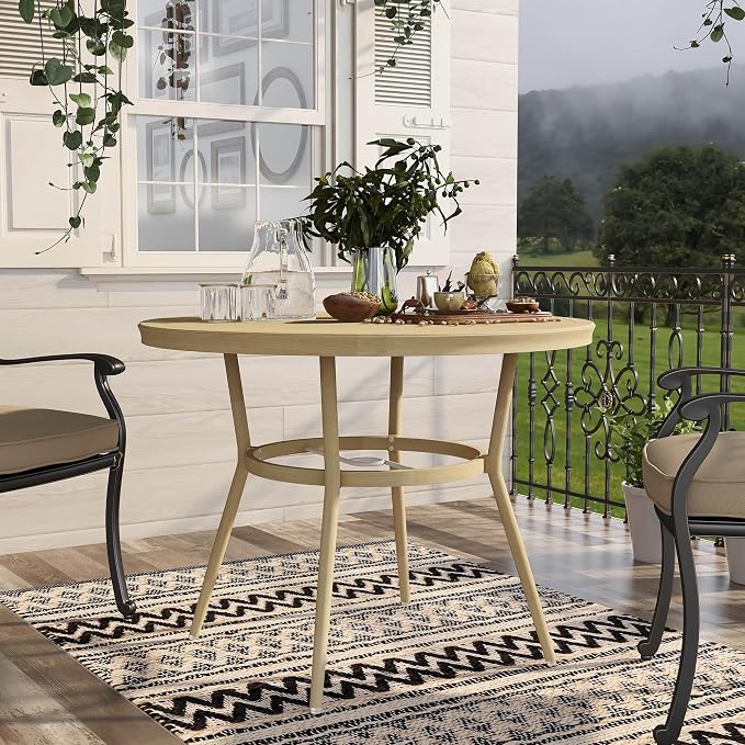 24/7 Shop at Home Cato Modern Aluminum 40 in. Outdoor Round Bistro Table with Umbrella Hole for Outdoor Kitchen, Patio, Pool Area, Natural Brown