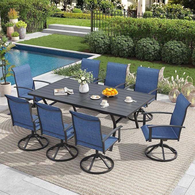 9 Pieces Outdoor Patio Dining Set, 70.9" All Weather Rectangle Metal Table with Umbrella Hole and 8 High Back Textilene Swivel Chairs for Garden, Lawn, Poolside, Black Table&Blue Chairs