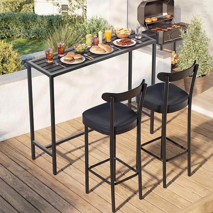 Outdoor Bar Table, 45in Bar Height Table, Black Metal Frame with Weatherproof Top, HDPE Outdoor Furniture for Patio, Hot Tub, Party, Balcony, Indoor