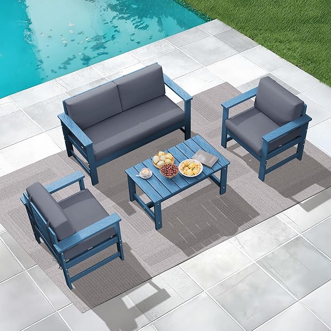 KINGYES 4 Pieces Outdoor Furniture Set, HDPE All Weather Use Conversation Couch, Blue Frame with Grey Cushions