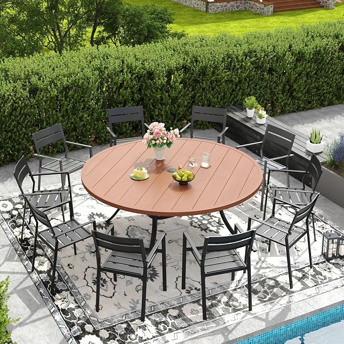 DIFY 11 Piece Outdoor Patio Dining Set for 10, Patio Table and Chairs Set with Umbrella Hole, 63" Round Dining Table and Stackable Metal Chairs for Backyard Garden Poolside, Walnut & Black
