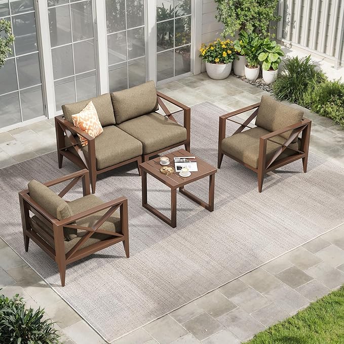 Aluminum Outdoor Furniture Set,4-Seats Patio Sectional Conversation Sofa with 5.2" All-Weather Cushions and Coffee Table,Outdoor Patio Furniture Set for Deck, Porch, Garden (Brown)