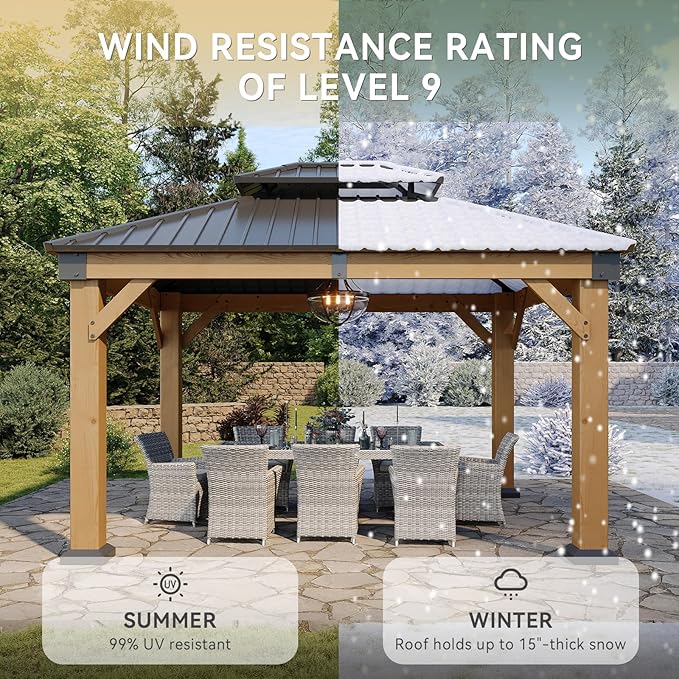 Aoxun 10' x 12' Outdoor Wood Gazebo, Hardtop Gazebo Permanent Wooden Pavilion with Galvanized Steel Double Roof, for Patio, Garden, Deck, Cedar Wood, Natural