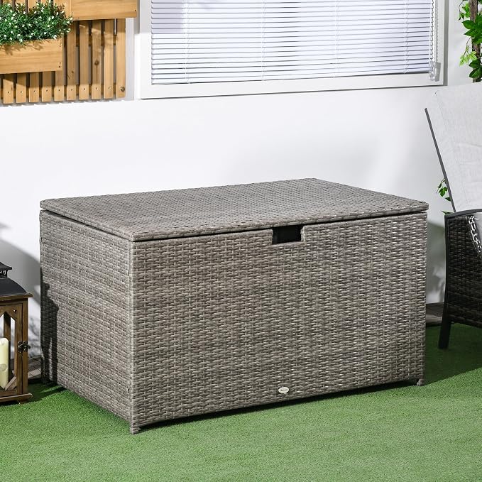 GOWE 113 Gallon Deck Box, Rattan Outdoor Storage Box, Waterproof Storage Container for Indoor, Patio Furniture Cushions, Pool Toys, Garden Tools, Gray