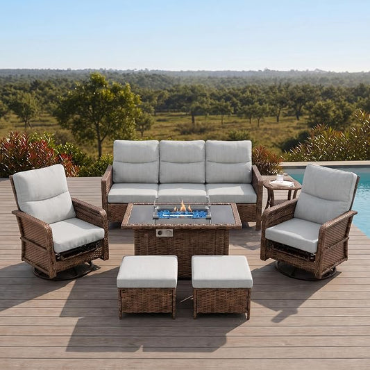 Brafab 7-Seat Piece Wicker Patio Furniture Set with 44" Propane Fire Pit Table, Outdoor Swivel Recliner Chairs with Adjustable Backrest & Footrest for Patio Conversation and Backyard Gathering, Beige