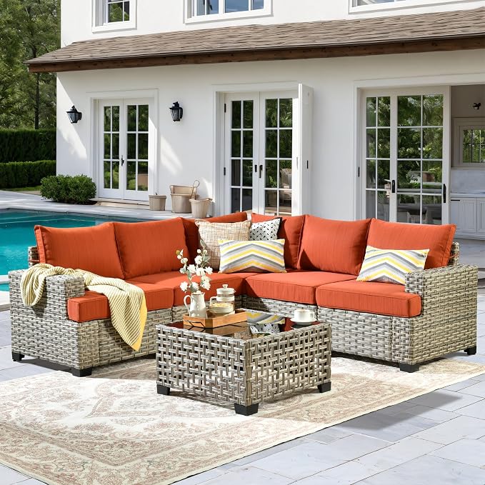 6 Pcs Outdoor Sectional Patio Furniture Set - All Weather Wicker Modular L Shaped Outside Sectional Sofa Couch,Patio Seating Outdoor Conversation Sets for Deck Yard Garden,Orange Red