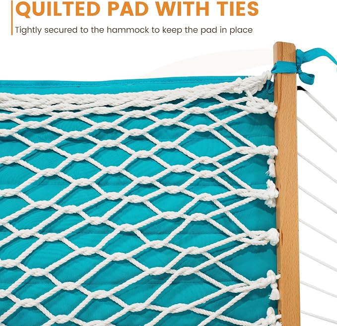 Lazy Daze Hammocks Rope Hammock with Pad, Spreader Bar, Carabiners, Tree Straps, Chains for Outside Patio- Max 450 Lbs, Turquoise Blue Stripes