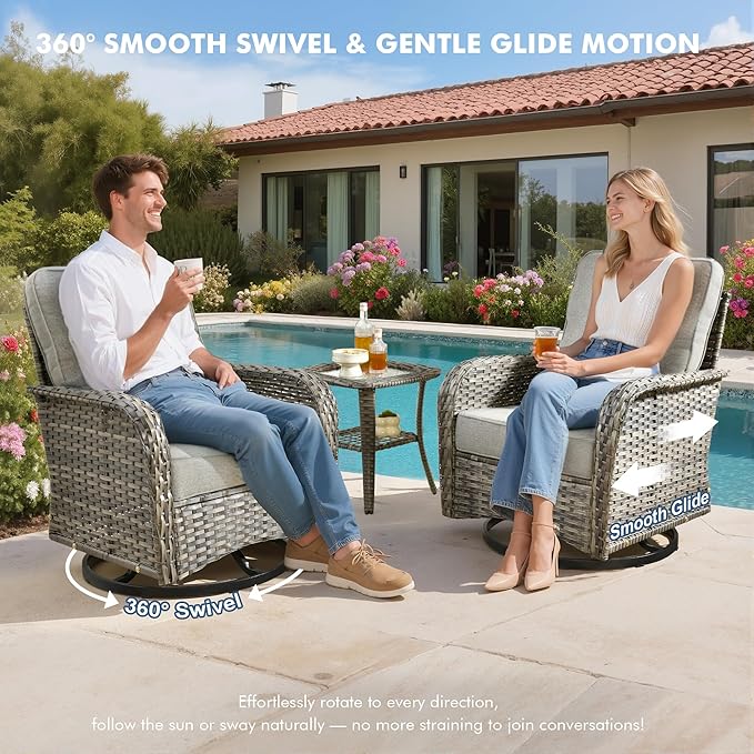 Weaxty Wicker Patio Furniture Set with Swivel Rocker Chairs Outdoor Loveseat Sofa and Rattan Coffee Table, 5 Pieces Outdoor Conversation Sets for Patio Porch Deck Backyard Poolside, Dark Gray