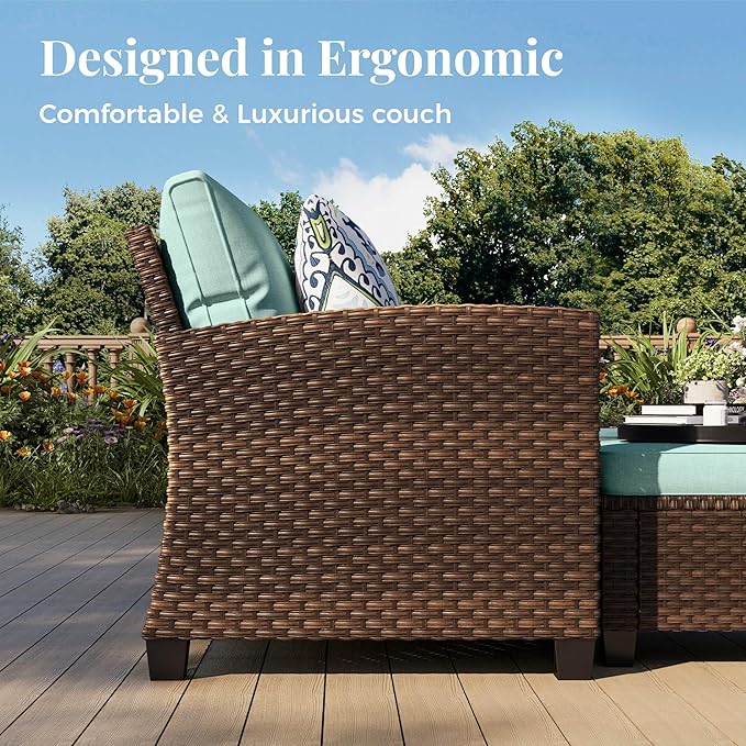 Patio Furniture Set, 7 Pcs Wicker Rattan Outdoor Conversation Set, 4 x Leg Chairs, 1 x 3 Seater Sofa and 2 x Ottoman with 4" Thick Cushion for Garden Backyard Deck, Blue
