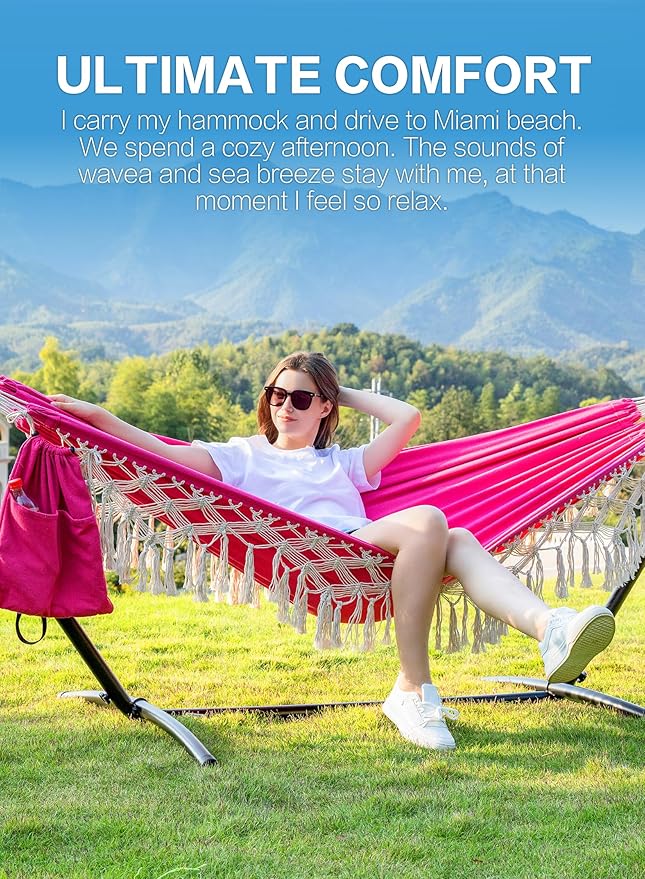 PNAEUT Handmade Tassel Hammocks, Double Hammock with Stand for Outside, Max 450 lbs Capacity, Pillow & Storage Bag Included (Pink)