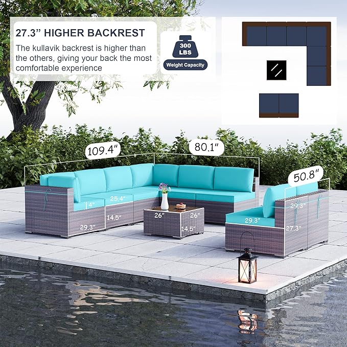 Kullavik 9 Pieces Outdoor Patio Furniture Set,Sectional Rattan Sofa Set Brown PE Rattan Wicker Patio Conversation Set with Tempered Glass Coffee Table and Washable Cushions Covers,Turquoise Blue