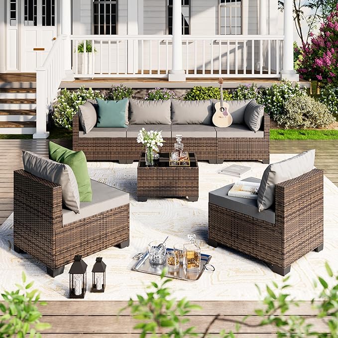7 Pieces Patio Furniture Set - Outdoor Sectional Wicker Rattan Furniture with Cushion and Glass Table Patio Conversation Sets for Porch Poolside Backyard Outdoor Sofa Set Modular Sofa