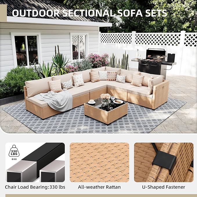 UPHA 9 Pieces Patio Furniture Sets, Wicker Outdoor Sectional Sofa Couch with Rectangle Propane Pit for Deck Backyard Garden, Beige Rattan, Beige Cushion