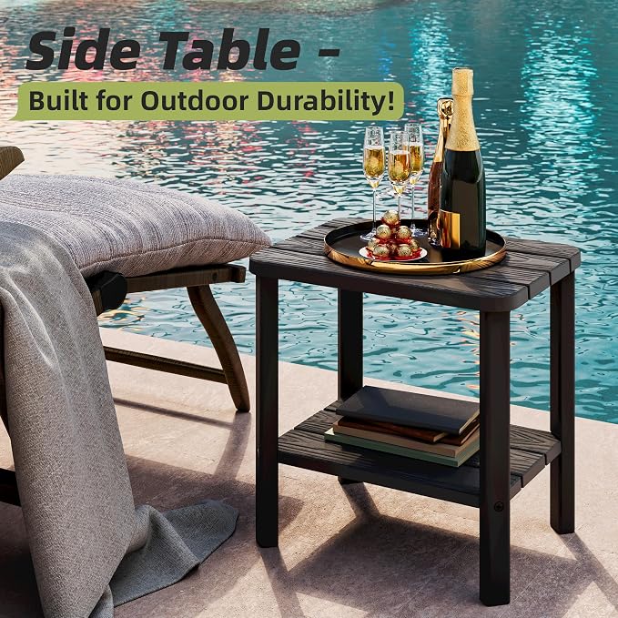 KAMABOKO Outdoor Side Table Set of 2, 2-Tier Adirondack Square Patio Table, HDPE End Tables for Backyard Pool Porch Lawn, Easy Maintenance & Weather Resistant, Black